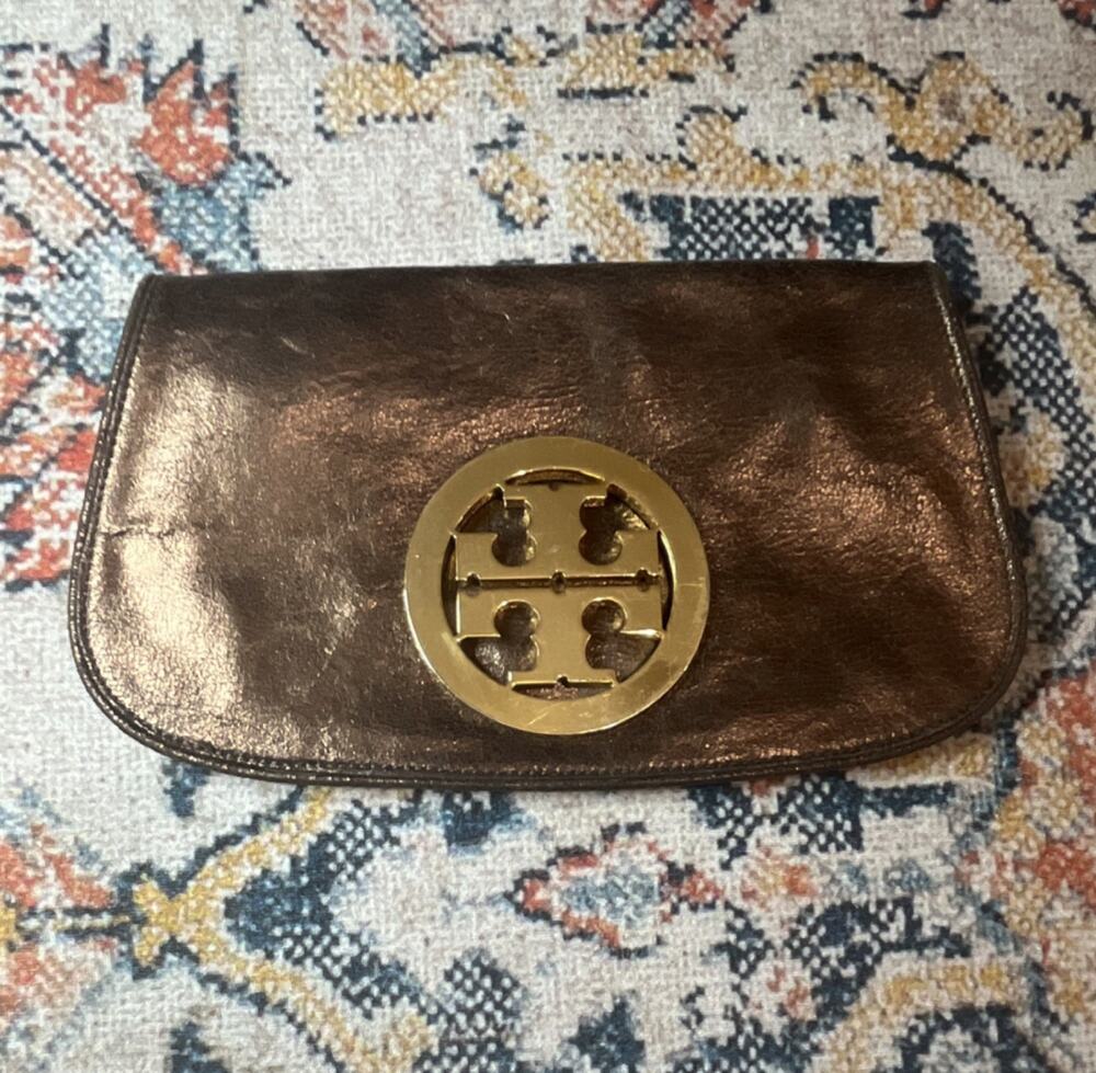 Tory Burch Reva Metallic Leather Envelope Clutch - Bronze/Gold Logo MSRP $325